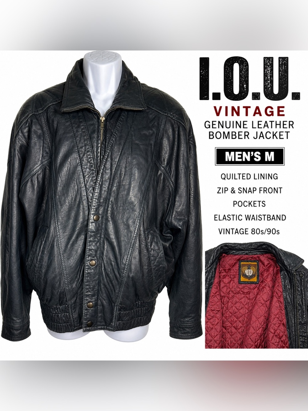Vintage I.O.U. Black Genuine Leather Bomber Jacket